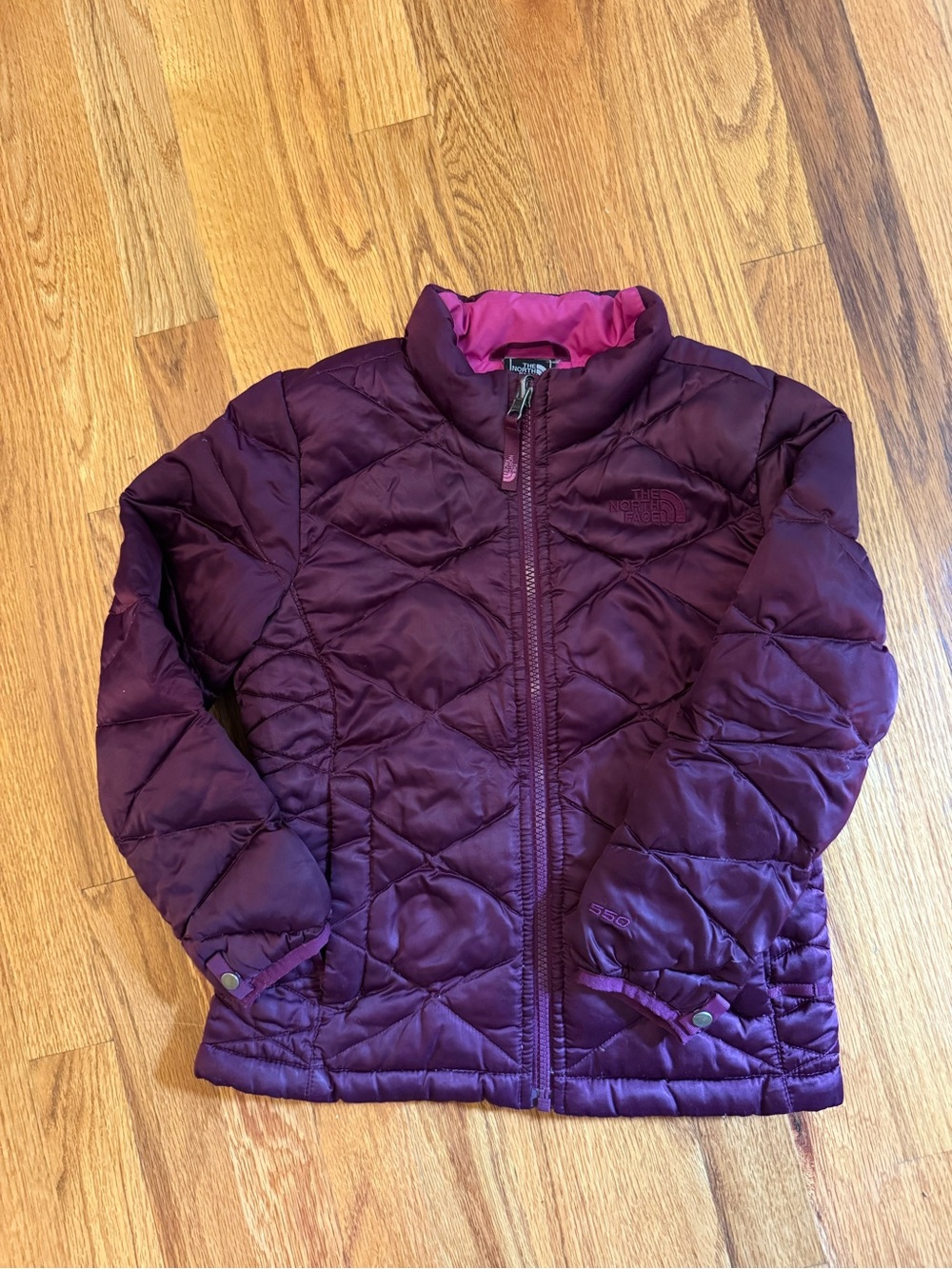 The North Face Girls' Quilted Puffer Jacket in Plum with Pink Lining